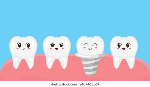 Fila de dientes con implante dental. Ilustración vectorial al estilo de las caricaturas. Colección de mascotas Kawaii para aplicaciones médicas, sitios web y hospitales. Sanos y dentarios. Salud oral.