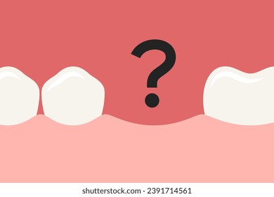 Fila de dientes con un diente ausente y signo de interrogación. Concepto de pérdida dental, odontología y ortopedia dental