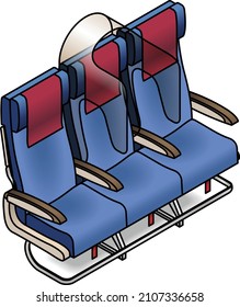 A Row Of Three Aircraft Economy Seats With A COVID Hood Shield In The Middle Seat.