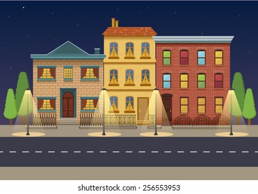 The Row Of Three Houses At Night. Vintage Houses. City Background