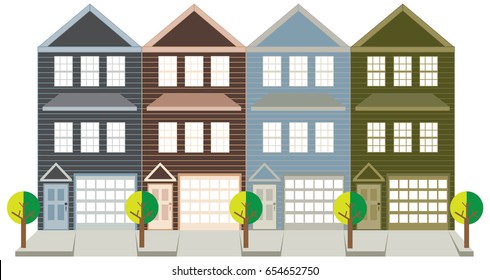 Row of three level townhouse with tandem car parking garage on tree lined street color outline vector illustration