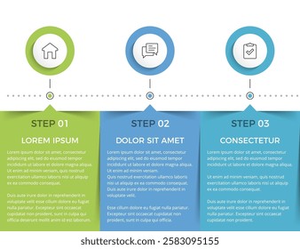 Row of three rectangular elements for your text and circles for your icons, three steps of a process or workflow, infographic template, vector eps10 illustration