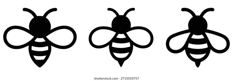 A row of three stylized, black and white icons representing bees, perfect for simple graphic design, nature themes, or insect illustration projects.