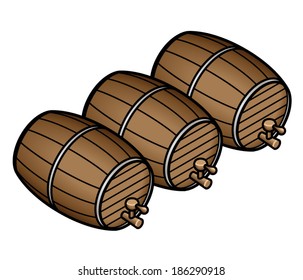 A row of three wooden barrels with spigots.