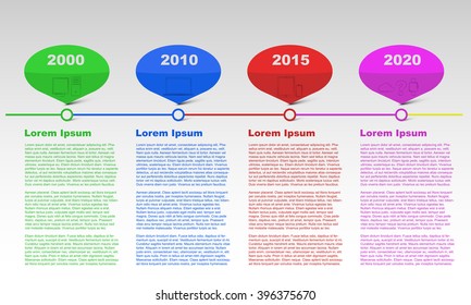 Row timeline rounded infographics with years, text, and outline icons. 