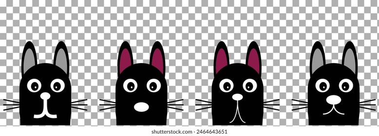 Row of the tops of heads of cats, peeking over a blank white sign. Sized for web banner or social media cover. funny cats face icon sets. funny cat head . Eps10.
