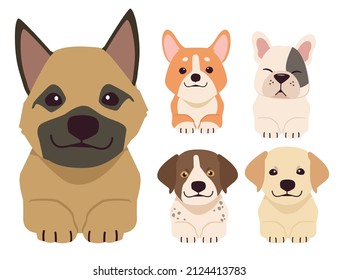 A row of the tops of heads of dogs with paws up, peeking over. Illustration of kawaii dog and pet in flat vector style.