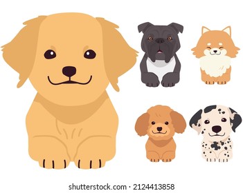 A row of the tops of heads of dogs with paws up, peeking over. Illustration of kawaii dog and pet in flat vector style.