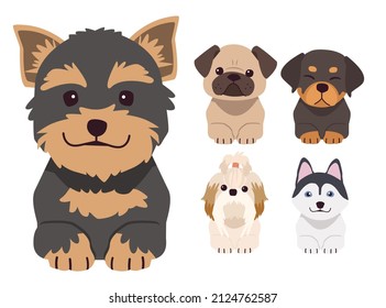 A row of the tops of heads of dogs with paws up, peeking over. Illustration of kawaii dog and pet in flat vector style.