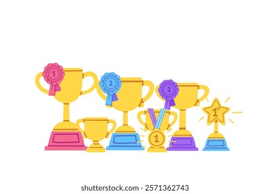 Row of trophies, medals, and ribbons in gold, silver, and blue. Perfect for awards, sports events, or achievement-themed designs. Vector illustration