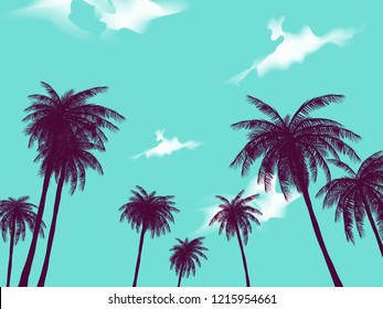 Row Of Tropic Palm Trees Against Sunset Sky. Silhouette Of Tall Palm Trees. Tropic Evening Landscape. Gradient Color. Vector Illustration. EPS 10