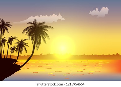 Row of tropic palm trees against sunset sky. Silhouette of tall palm trees. Tropic evening landscape. Gradient color. Vector illustration. EPS 10