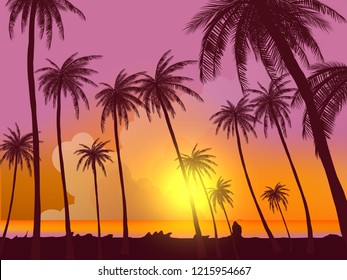 Row of tropic palm trees against sunset sky. Silhouette of tall palm trees. Tropic evening landscape. Gradient color. Vector illustration. EPS 10