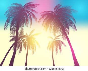 Row of tropic palm trees against sunset sky. Silhouette of tall palm trees. Tropic evening landscape. Gradient color. Vector illustration. EPS 10 - Shutterstock ID 1215954673