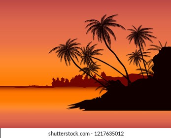 Row of tropic palm trees against sunset sky. Silhouette of tall palm trees. Tropic evening landscape. Gradient color. Vector illustration. EPS 10
