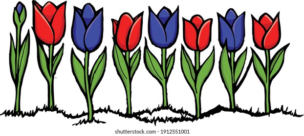 A row of tulips can only mean one thing. Spring Time! This clip art features a row of tulips colored in contrasting spring colors. 
