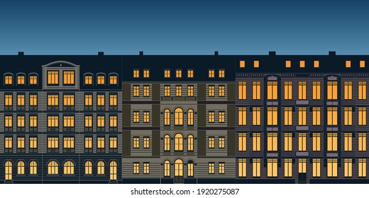 row of urban historical ancient town house facade exterior as detailled vector illustration with lights in the windows at night