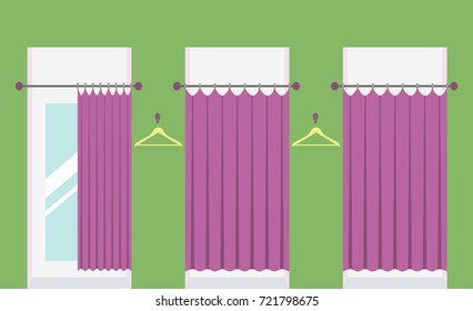Row of vacant fitting rooms in a clothing shop, one fitting room with open curtain and mirror inside. Cabins for trying on clothes in a shopping mall. Vector illustration.