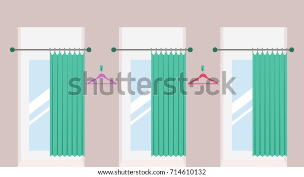 Row of vacant fitting rooms with\
open curtains and mirrors inside in a fashion shop. Cabins for\
trying on clothes in a shopping mall. Vector\
illustration.