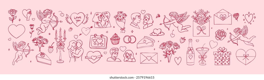 A row of Valentine's Day themed images, including hearts, flowers, and other symbols. Scene is romantic and celebratory