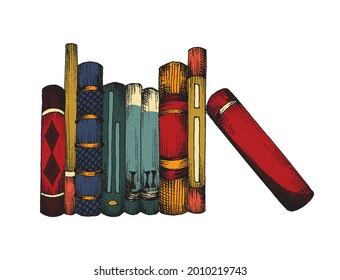 Row of various books with color hardcovers standing on bookshelf at home, library or bookstore. Education or entertainment literature. Vector sketch illustration for world book day