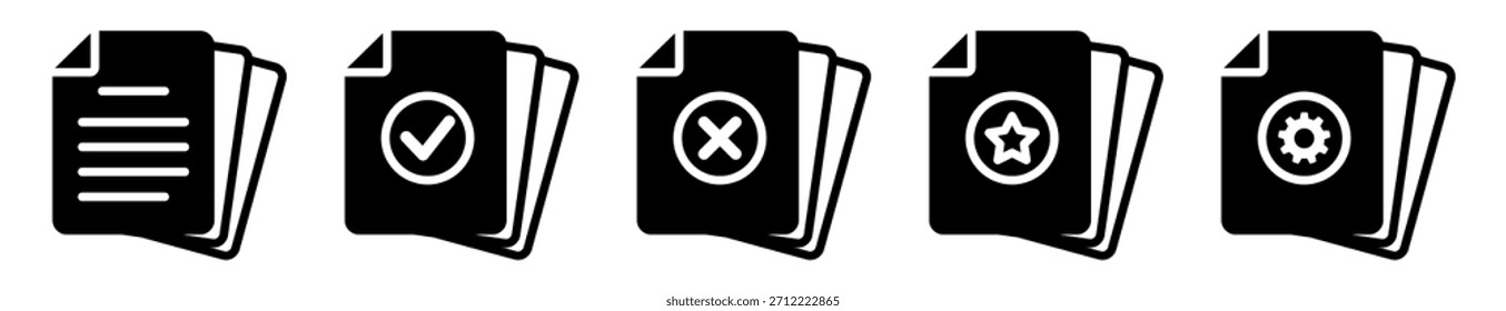 Fila de varios íconos de documentos que muestran comprobaciones de Estado, cruces y estrellas para el flujo de trabajo o los indicadores de revisión.