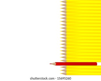 Row of vector yellow pencils with single red against the white background