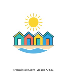 A row of vibrant beach huts in various colors sits on a sandy shore with the ocean in front and a cheerful sun overhead.