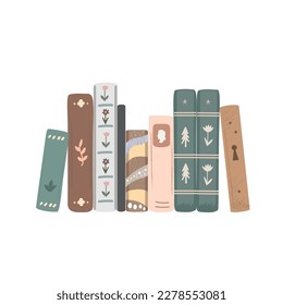 Row of vintage novel and fairy tales books. Standing books composition isolated on white background. Vector illustration