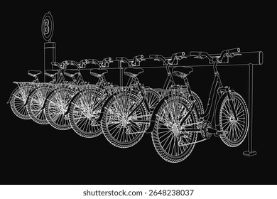 Uma fileira de bicicletas brancas estacionadas ordenadamente em linha reta sobre um plano de fundo preto elegante, criando um contraste impressionante. As bicicletas idênticas enfrentam a mesma direção, enfatizando a ordem e a simplicidade.