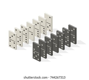 Row of white and black dominoes on white background. Concept of Domino effect. Vector illustration in flat isometric stile