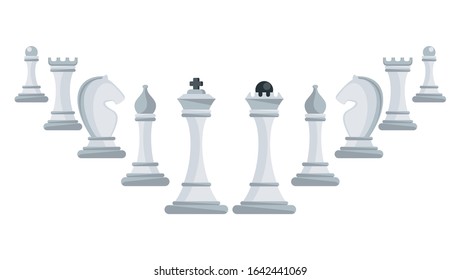 Row of white chess pieces ascending. King, queen and rook, bishops, knights and pawn. Board logic game. Tournament between two rivals. Flat cartoon objects isolated on white background.