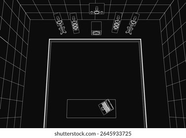 Uma fileira de alto-falantes de contorno branco dispostos simetricamente sobre um fundo preto, apresentando formas e tamanhos distintos com arte de linha limpa. O contraste acentuado enfatiza o design minimalista, ideal para.