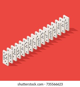 Row of white dominoes on red background. Vector illustration in flat isometric stile