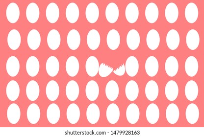 row of white egg with one broken on pink background