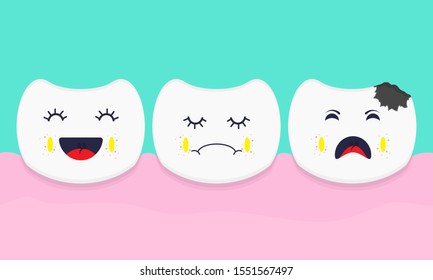 Row of white Teeth. Dentition with a bad tooth. Dental problems. Vector illustration. Healthcare concept