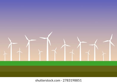 A row of white wind turbines stand tall against a gradient sky, symbolizing renewable power generation