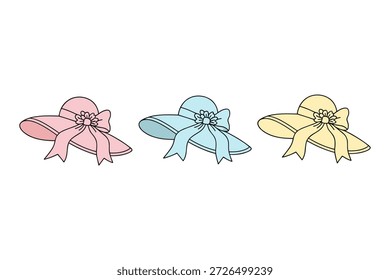 Fila de sombreros de paja de ala ancha en tonos suaves rosas, azules y amarillos acentos de cinta decorativa para vacaciones de playa con estilo