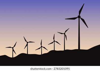 A row of wind turbines stand in silhouette on a dark, undulating landscape under a soft gradient of purple and orange sky