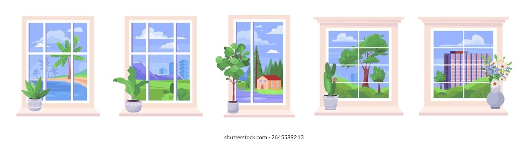 Fileira de janelas com vista para uma praia, uma casa e uma árvore. Coleção de vetores em estilo simples