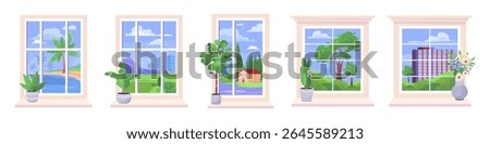 Row of windows with a view of a beach, a house, and a tree. Vector collection in a flat style