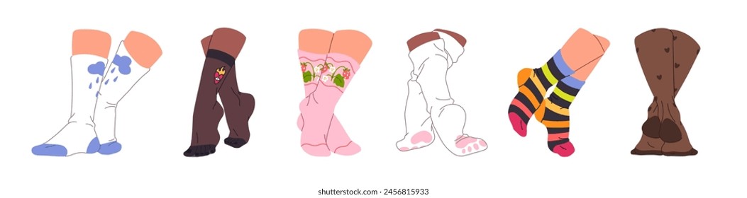 Row of women's legs in hosiery in different poses: on toe, tiptoe, walk, stand. Set of feet in various patterned socks, stocking, nylon tights. Flat isolated vector illustrations on white background