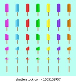 Row of yellow ice pops from whole to empty stick on blue background