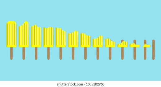 Row of yellow ice pops from whole to empty stick on blue background