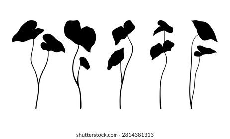 A row of young plants with leaves and stems silhouetted against a plain background, symbolizing growth, nature, and new beginnings.