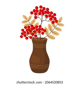Rowan autumn bouquet in a ceramic brown vase. Vector clipart, white background, isolated.
