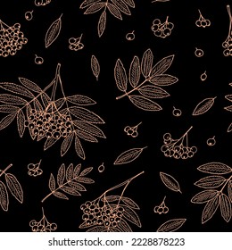 rowan berries, bunches and leaves seamless pattern hand drawn in doodle style.