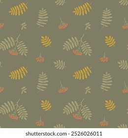 Rowan berries and leaves seamless pattern. Graphic autumn branch on dark background. Hand drawn fall illustration and wallpaper art.