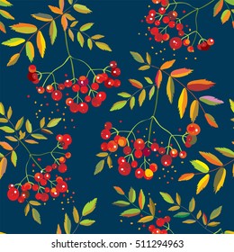 Rowan berries seamless pattern with leaves - vector graphic illustration