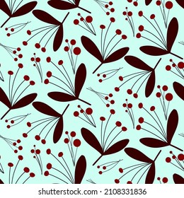 rowan berries vector seamless pattern, winter print, light blue background